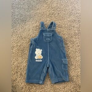 Vintage Y2K Teddy Train “Little Engineer” Baby Overalls Romper 0-3M Blue Velour